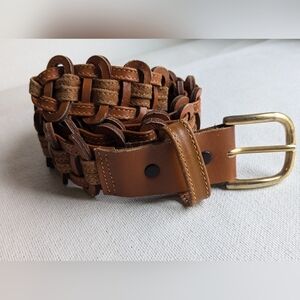 Vintage Women's Leather Belt Braided Brass Buckle Sz 34" Tan L-2